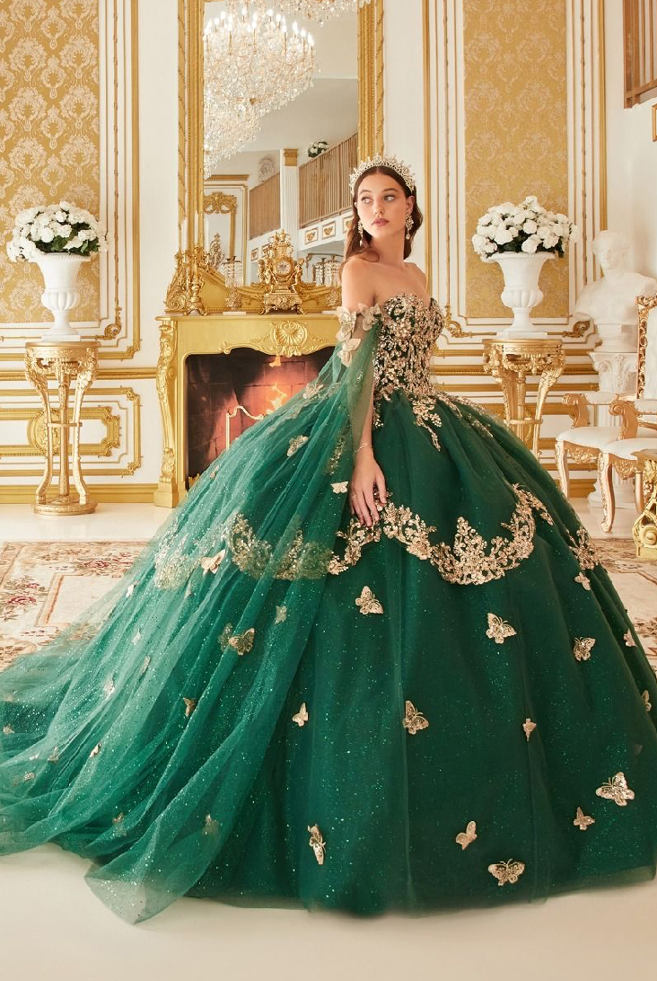 Strapless Layered Tulle Emerald Ball Gown
