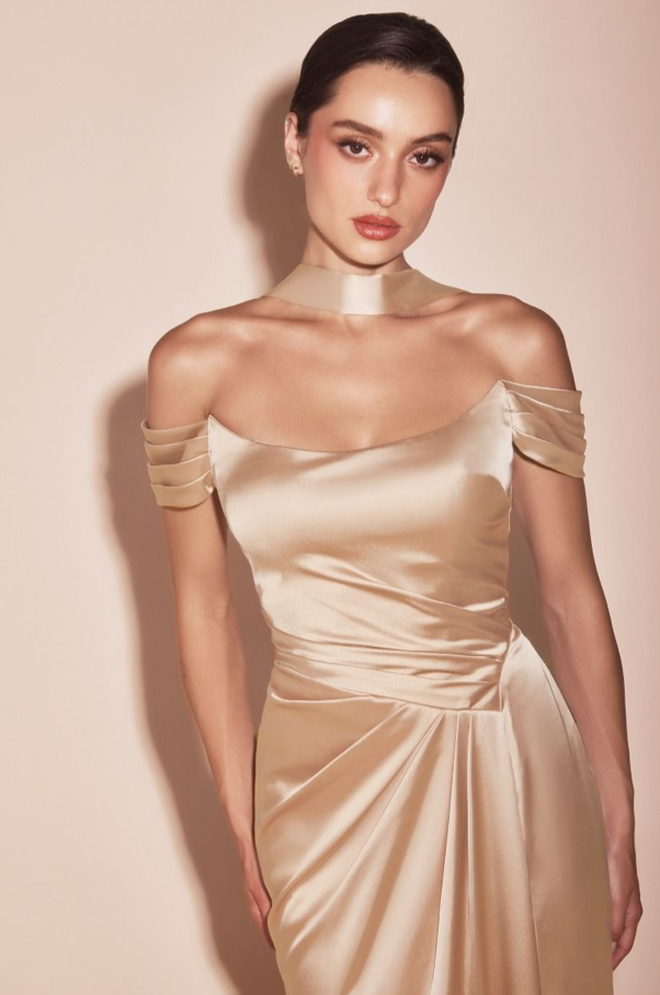 Off the Shoulder Lace Up Corset Satin Gown
