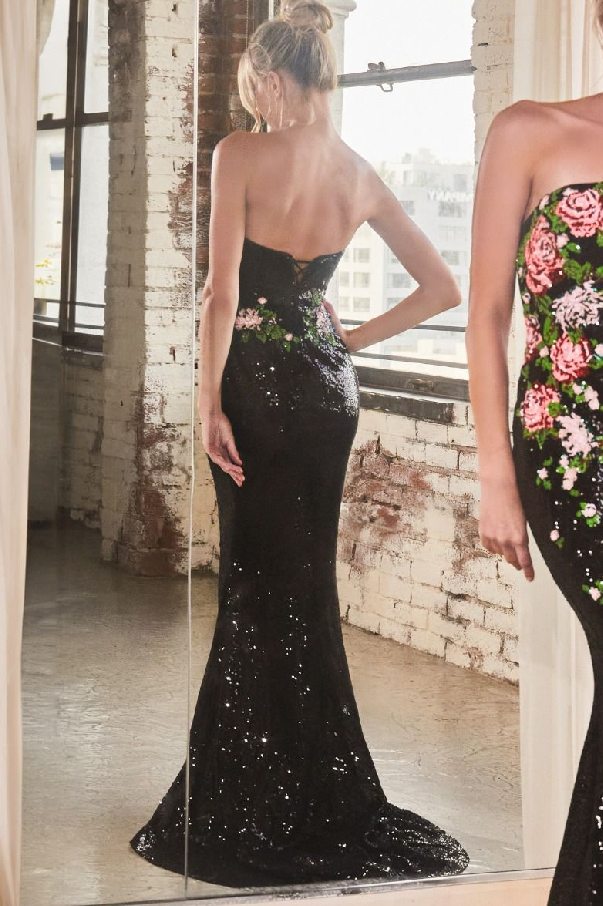 Strapless Floral Patterned Sequin Dress