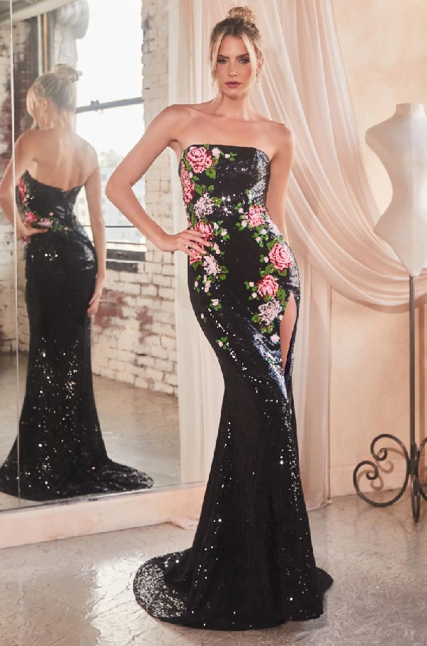 Strapless Floral Patterned Sequin Dress