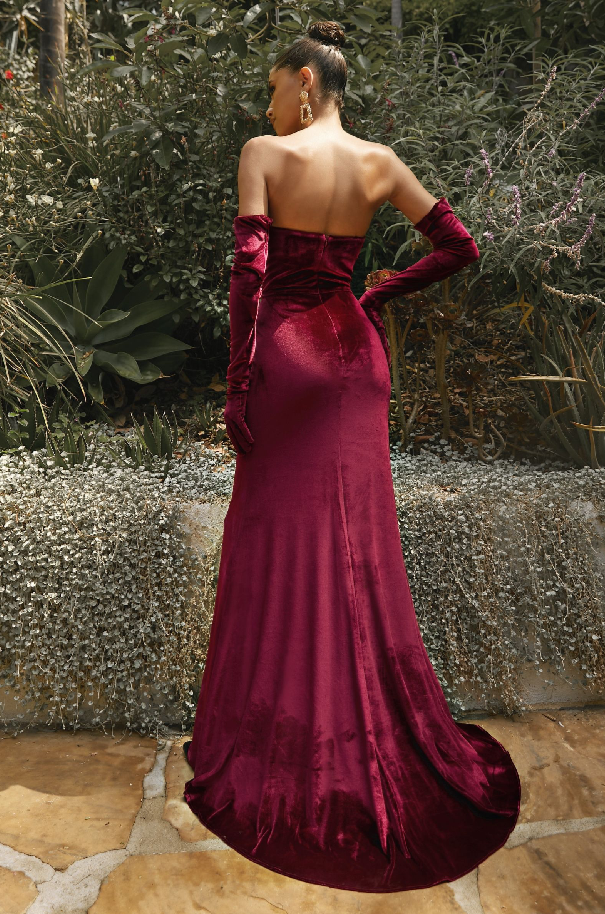 Velvet Strapless Fitted Gown with Gloves