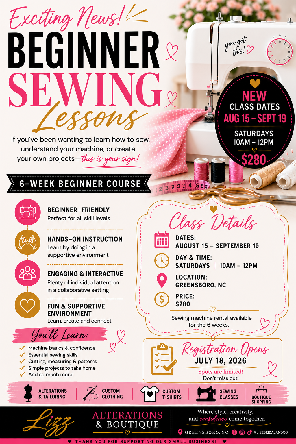 Beginner Sewing Lessons - Aug 15. - Sep 19