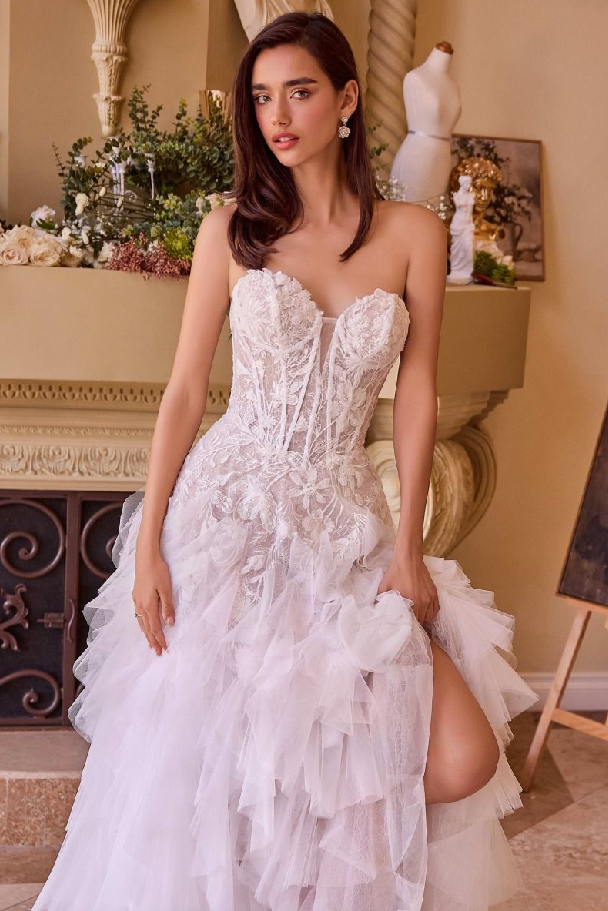 Strapless Drop Waist Cascading Wedding Dress