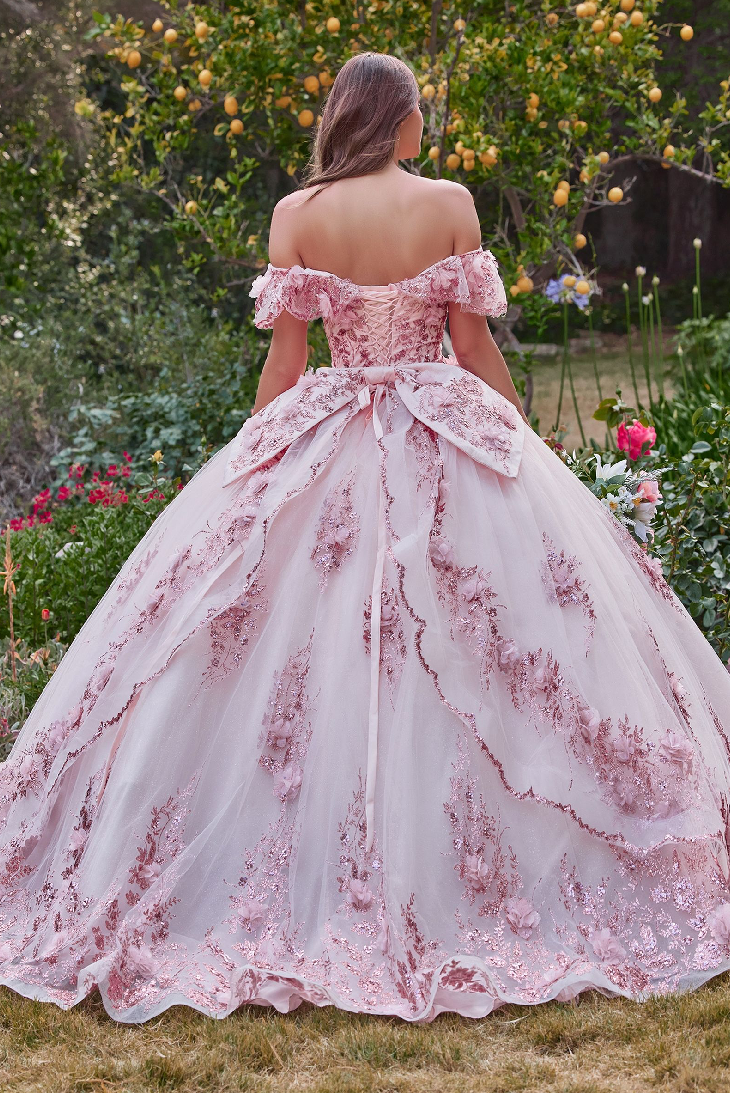 FLORAL OFF THE SHOULDER QUINCE BALL GOWN
