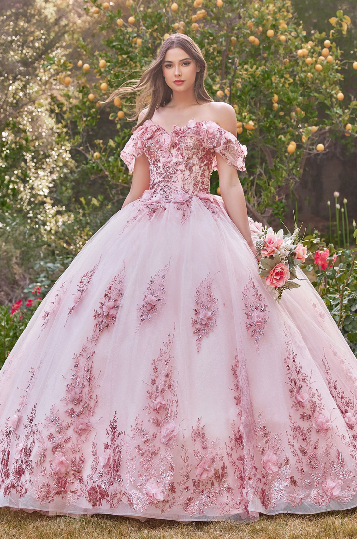 FLORAL OFF THE SHOULDER QUINCE BALL GOWN