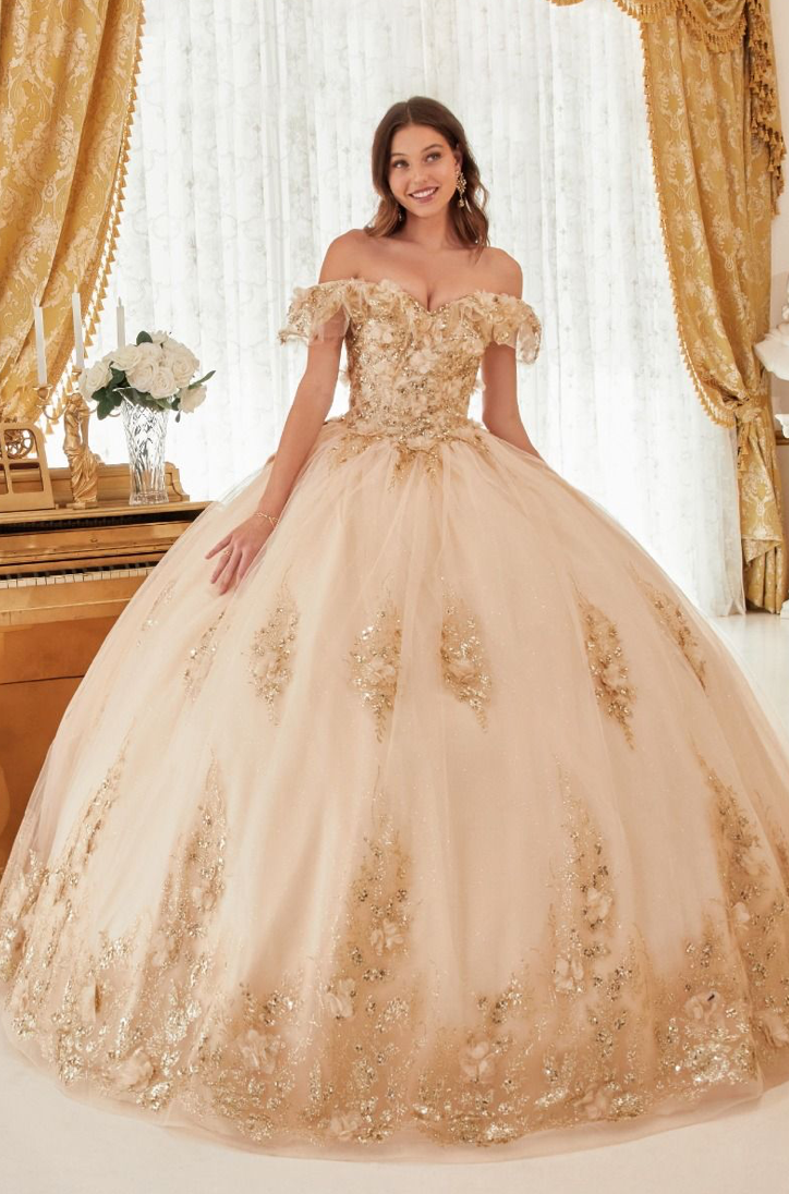 FLORAL OFF THE SHOULDER QUINCE BALL GOWN