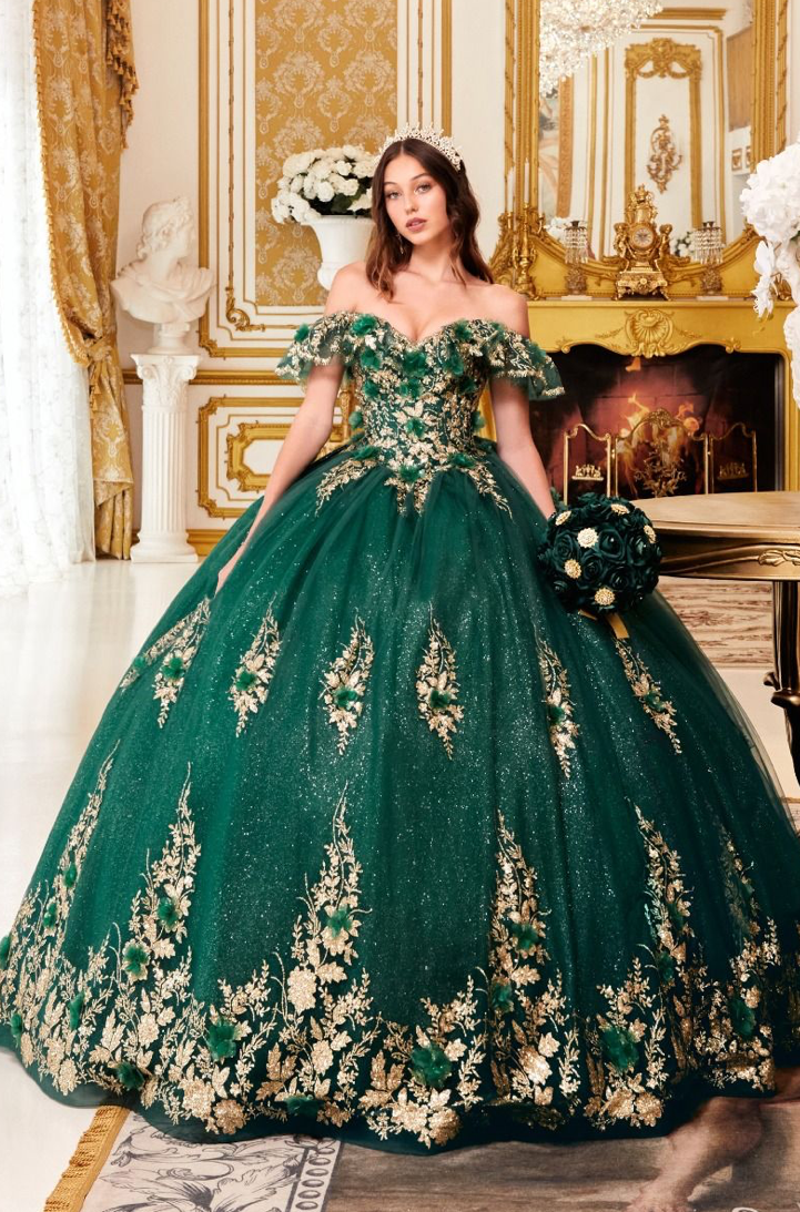 FLORAL OFF THE SHOULDER QUINCE BALL GOWN