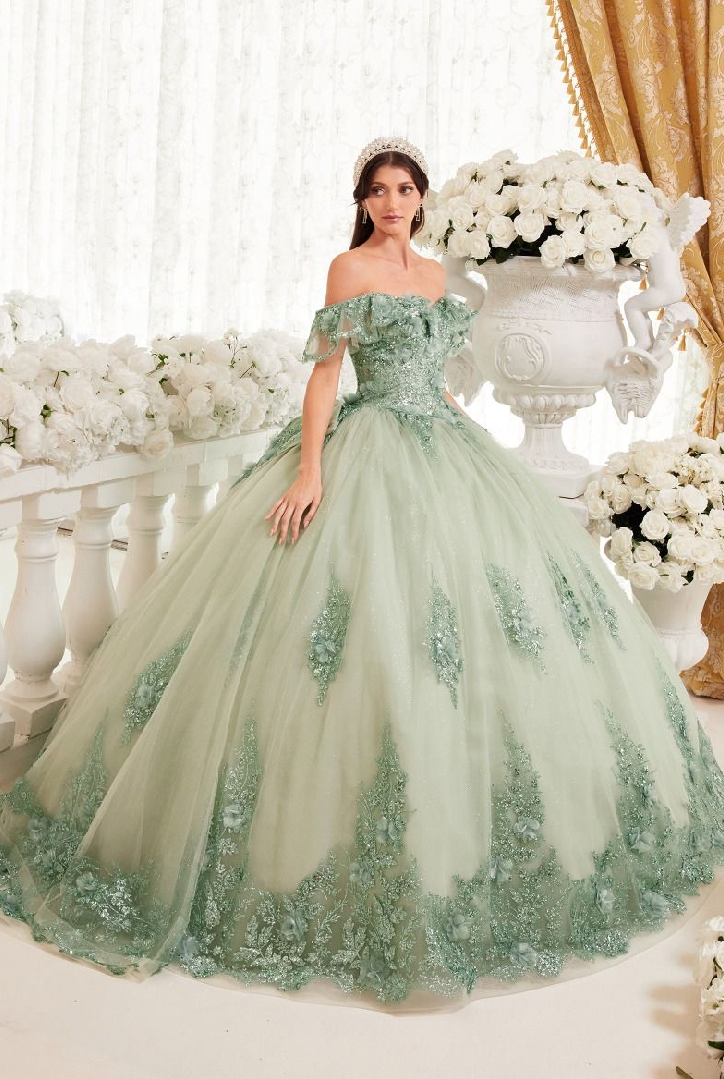 FLORAL OFF THE SHOULDER QUINCE BALL GOWN