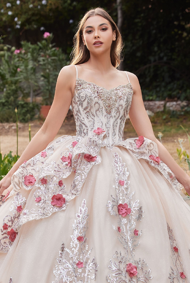 Layered Tulle Quince Ball Gown With Foral Applique