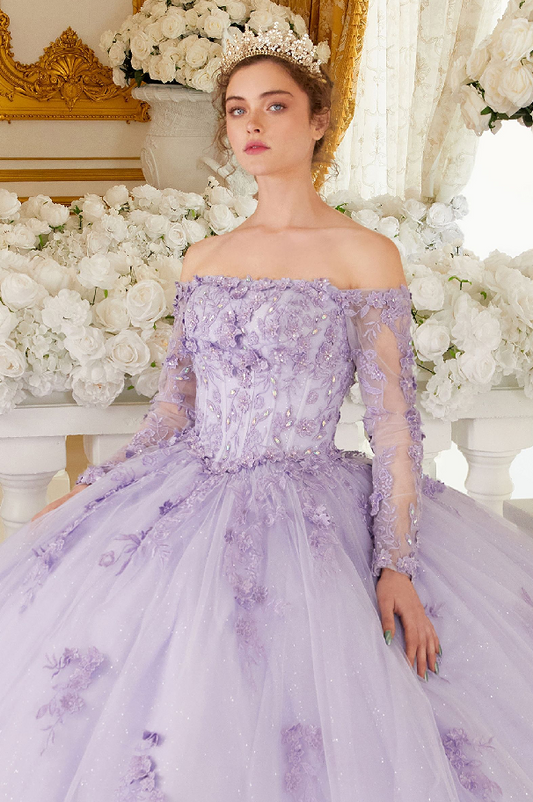 Off The Shoulder Lace Long Sleeve Ball Gown