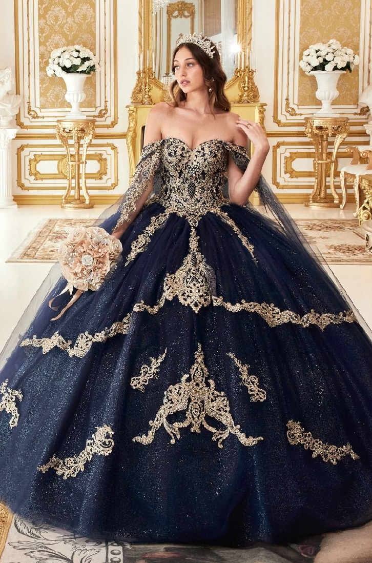 Layered Gold Lace Ball Gown