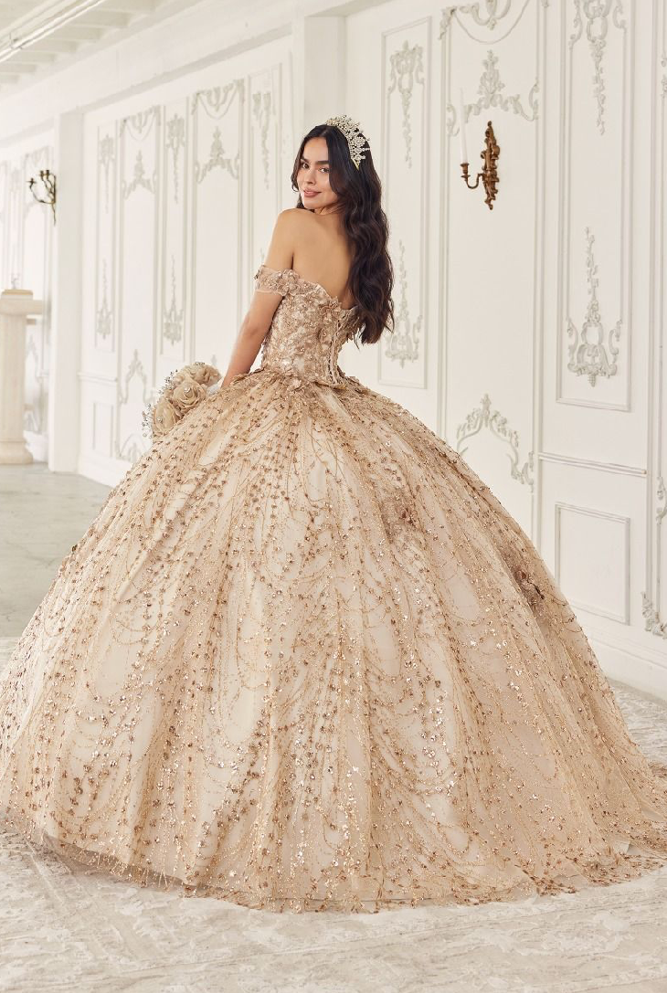 Off The Shoulder Glitter Floral Print Gold Ball Gown