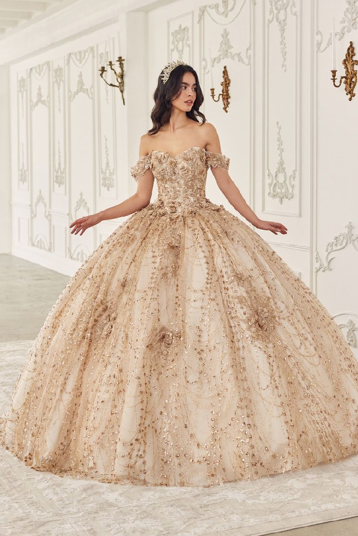 Off The Shoulder Glitter Floral Print Gold Ball Gown