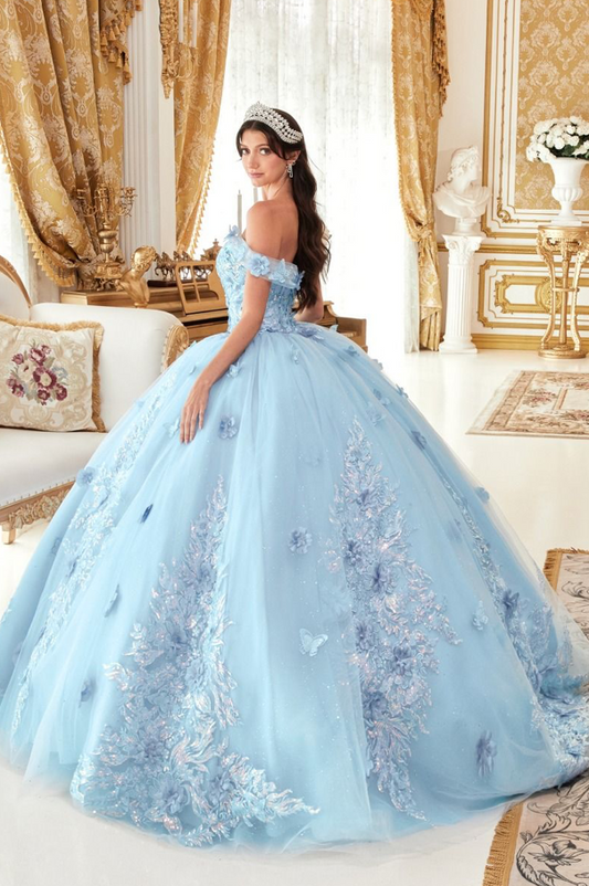 Off The Shoulder Floral Appliqued Ball Gown