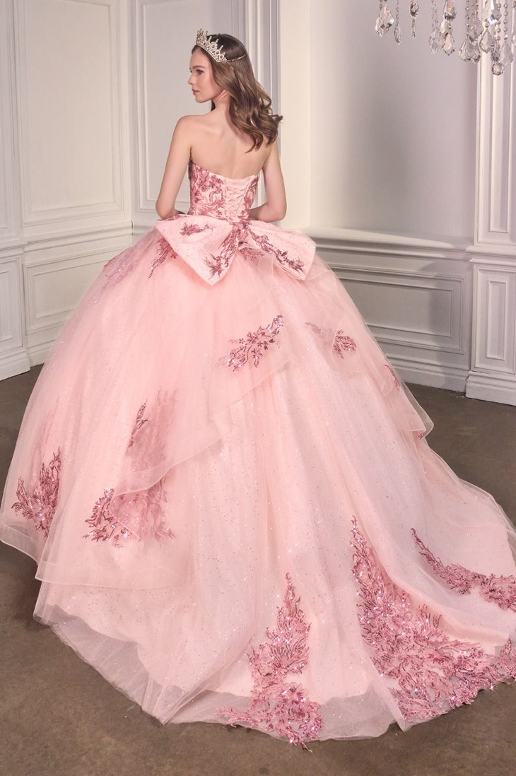 Strapless Layered Ball Gown With Bow Detail
