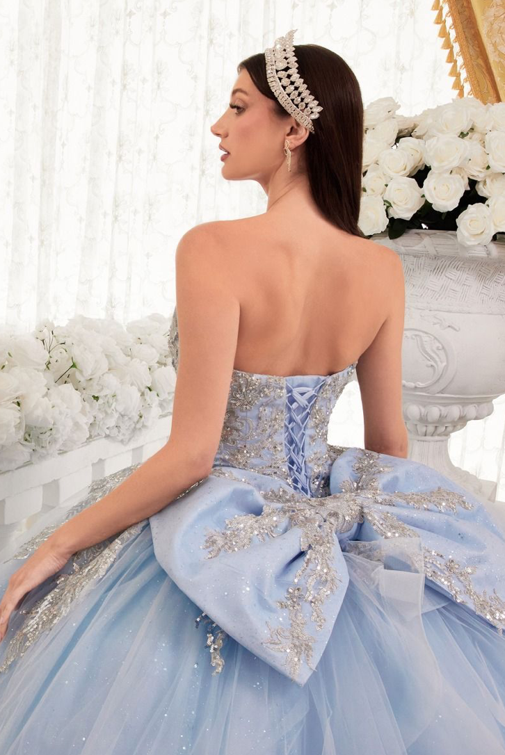 Strapless Layered Ball Gown With Bow Detail