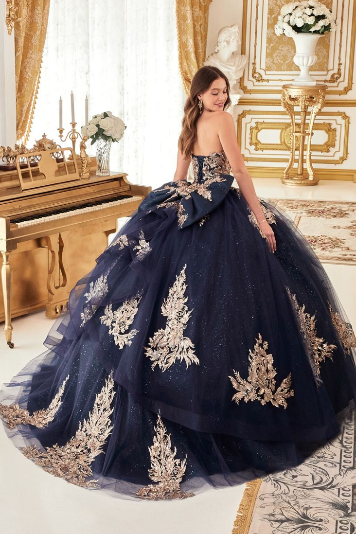Strapless Layered Ball Gown With Bow Detail