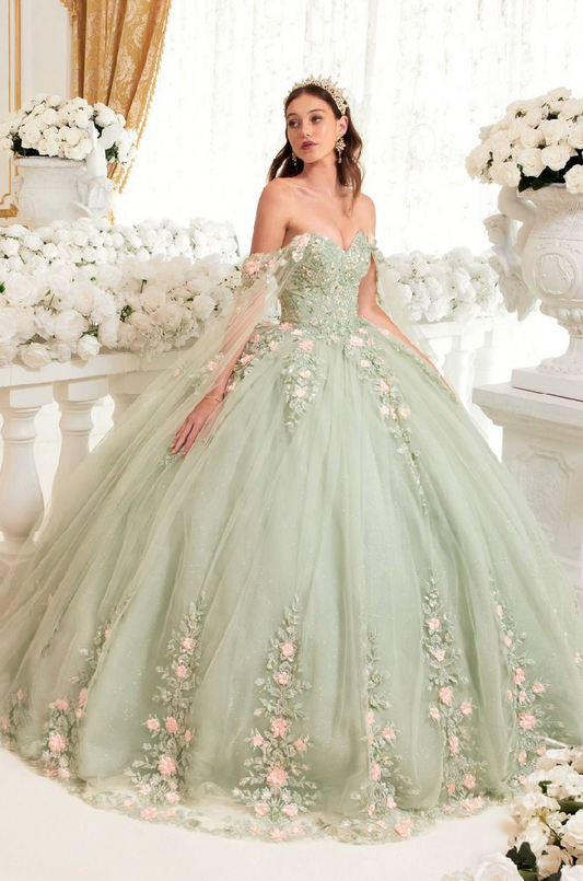 Sage Ball Gown With Blush Floral Details