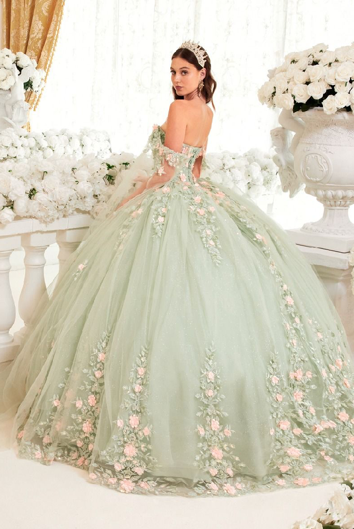 Sage Ball Gown With Blush Floral Details