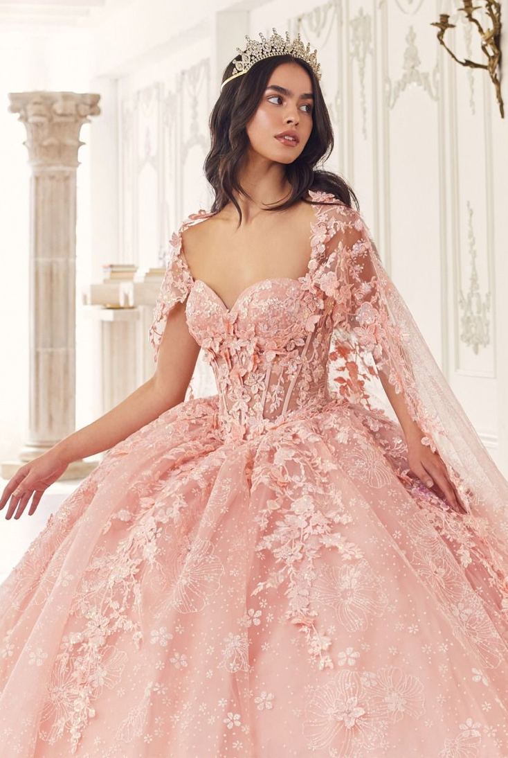 Floral Quinceañera Ball Gown With Cape