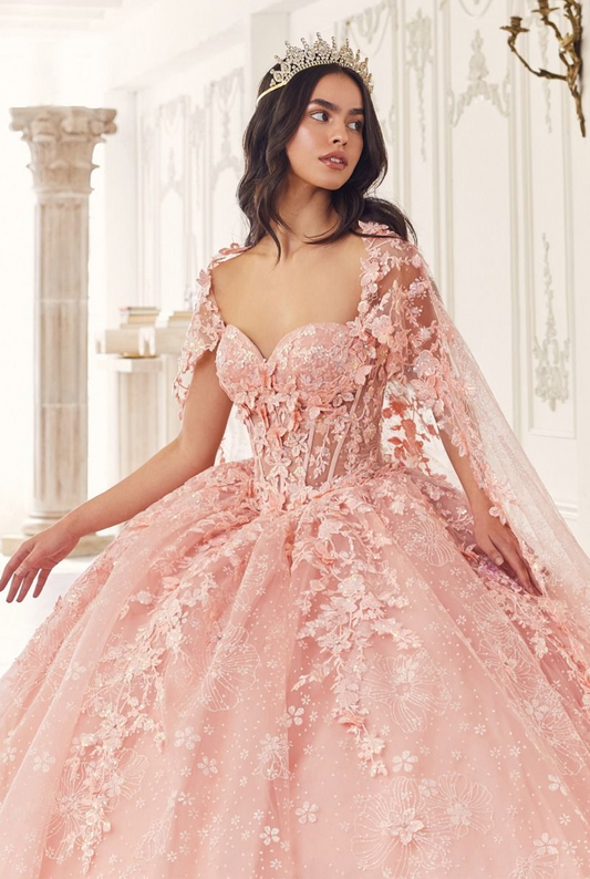 Floral Quinceañera Ball Gown With Cape
