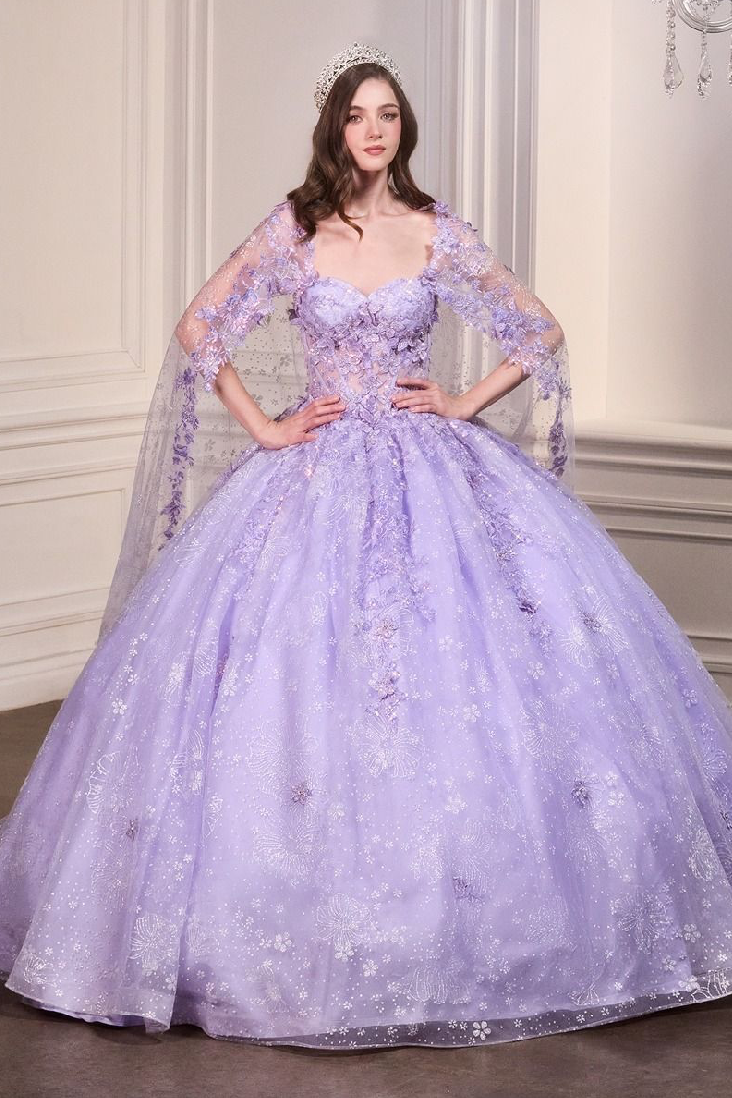 Floral Quinceañera Ball Gown With Cape
