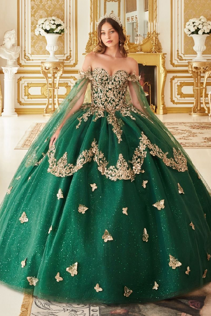 Strapless Layered Tulle Emerald Ball Gown