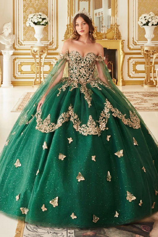 Strapless Layered Tulle Emerald Ball Gown