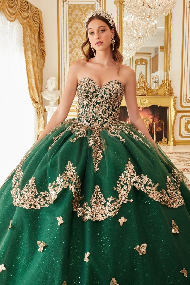 Strapless Layered Tulle Emerald Ball Gown
