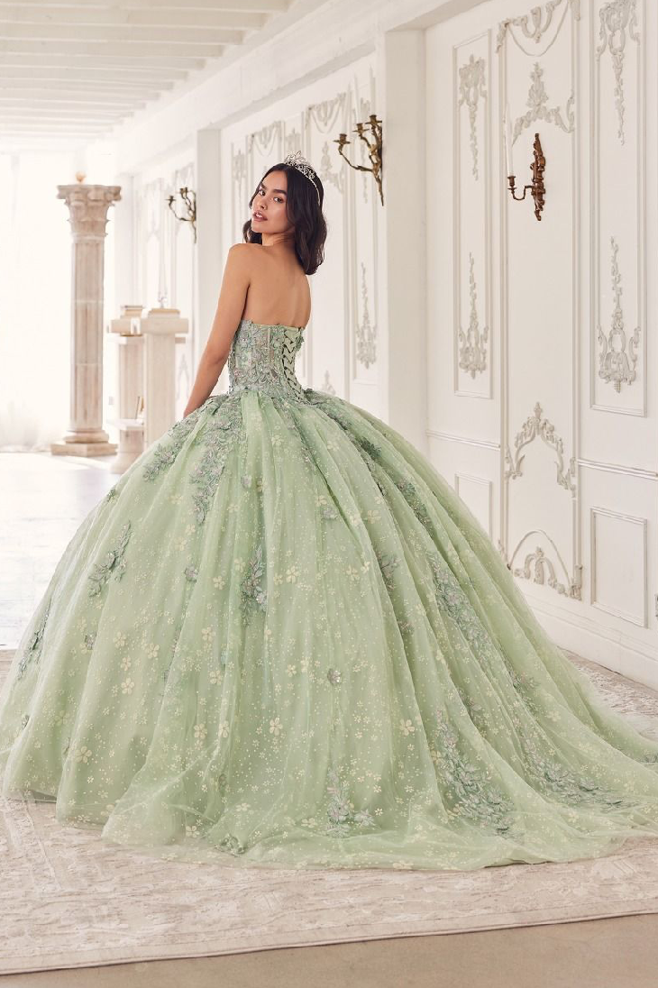 Strapless Lace Quinceanera Ball Gown With Removable Puff Sleeves