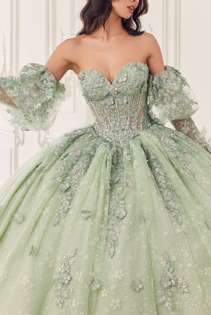 Strapless Lace Quinceanera Ball Gown With Removable Puff Sleeves