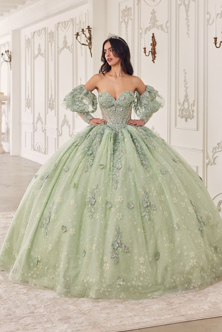 Strapless Lace Quinceanera Ball Gown With Removable Puff Sleeves
