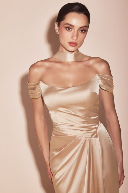 Off the Shoulder Lace Up Corset Satin Gown