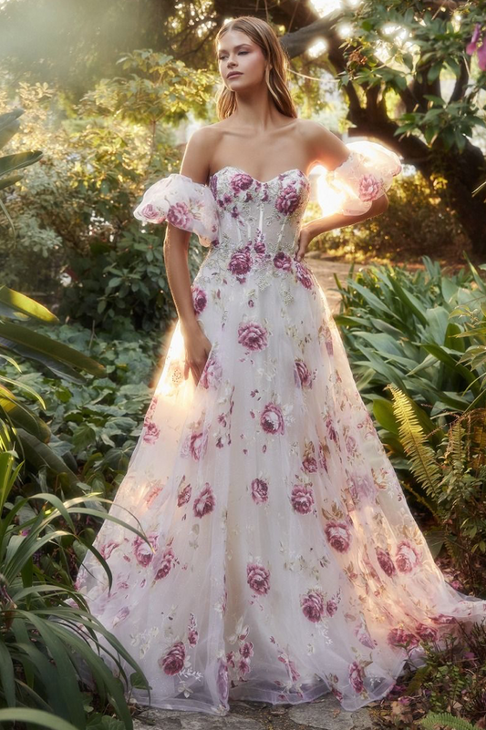 Strapless Organza Peony Print Ball Gown