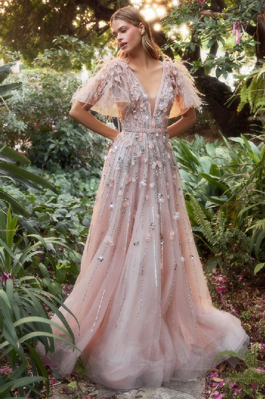 Petal Embellished Ruffle Sleeve Gown