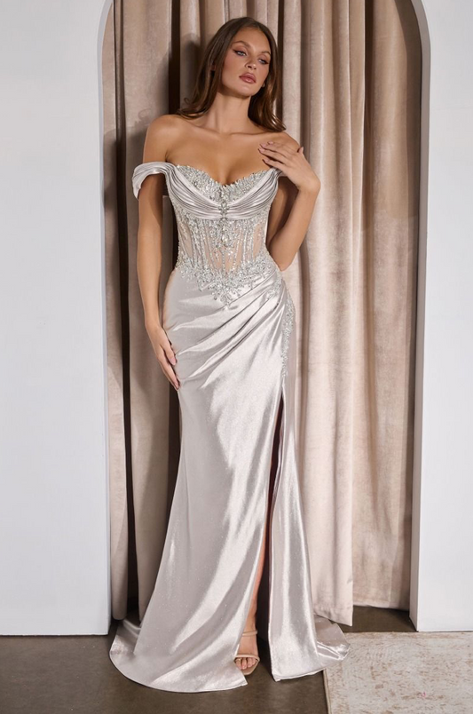 Off-the-shoulder Sheer Embellished Gown