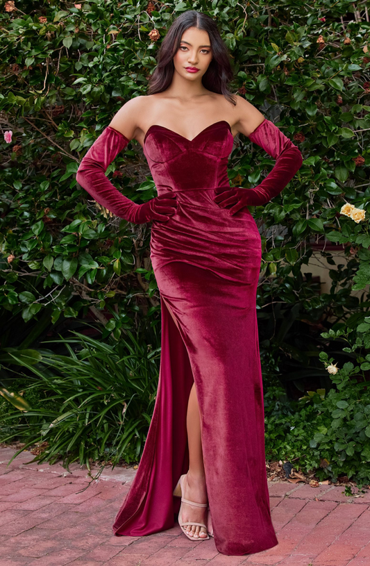 Velvet Strapless Fitted Gown with Gloves