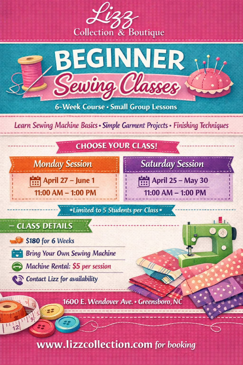 Beginner Sewing Lessons - Monday Session (6 Weeks)