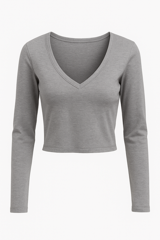 Ribbed V-Neck Cropped Long Sleeve Top