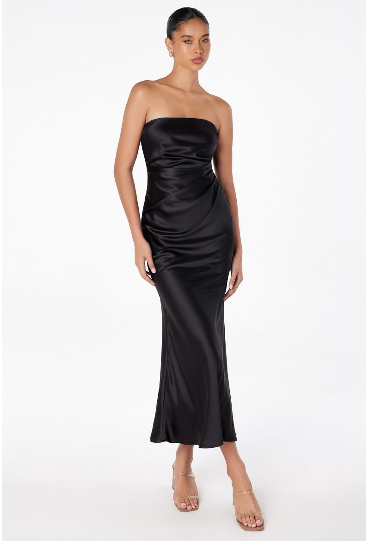 Strapless Satin Midi Dress