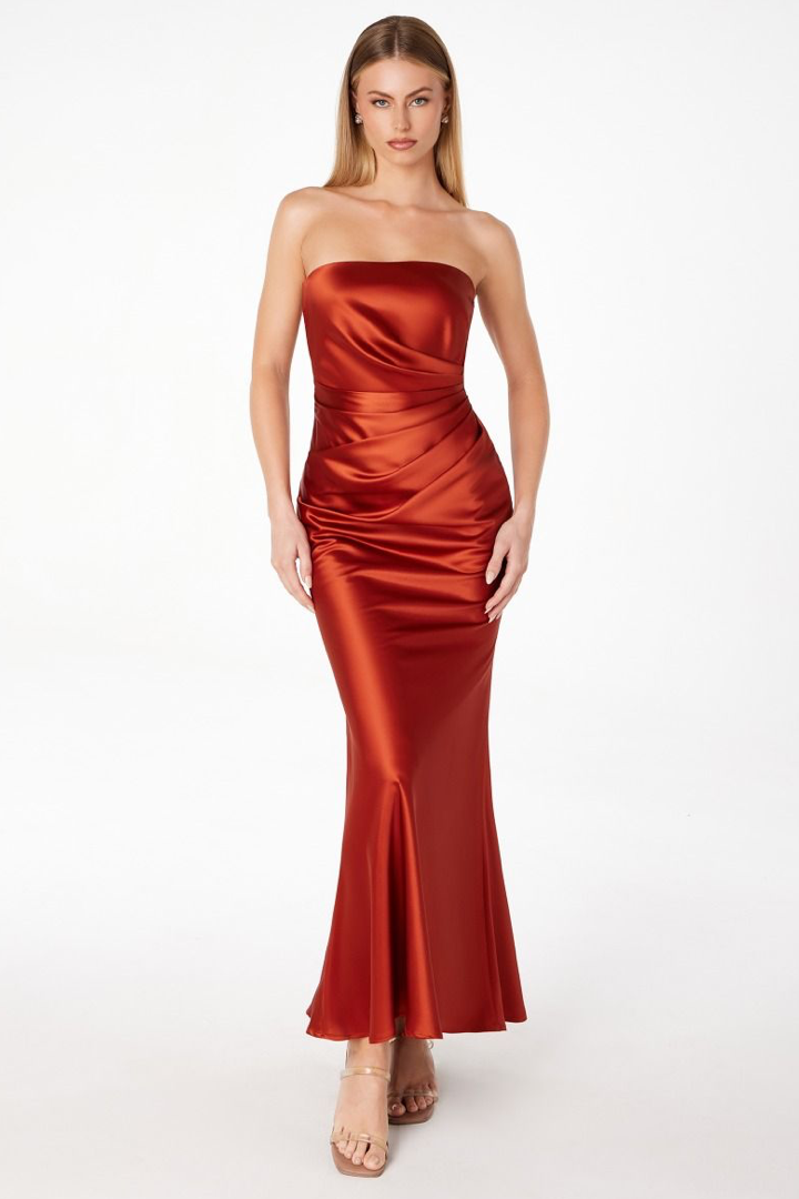 Strapless Satin Midi Dress