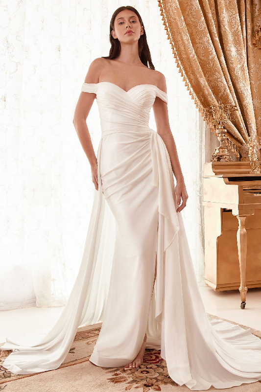Draped Off The Shoulder Bridal Gown With Overskirt
